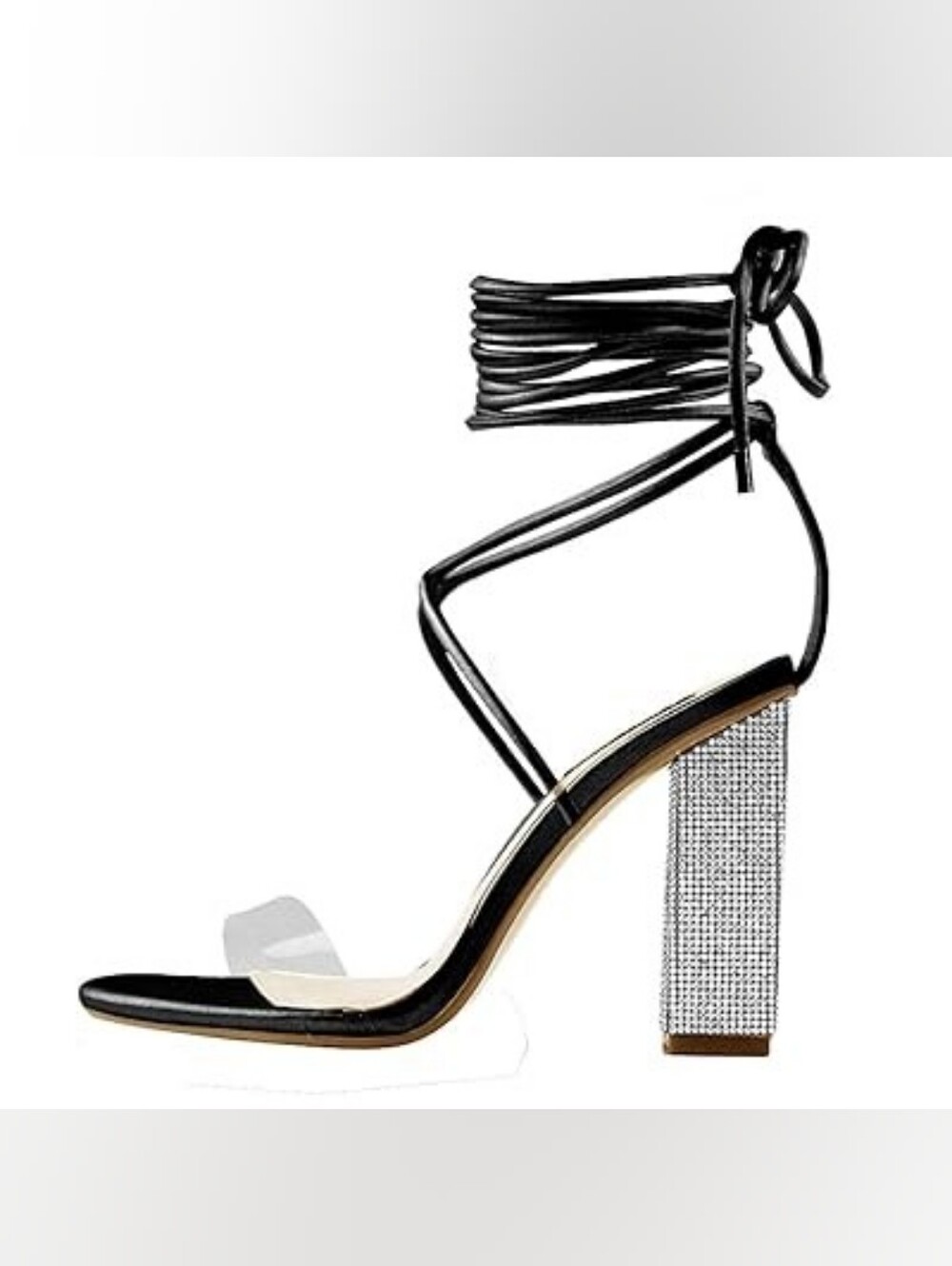 Only Maker Strappy Black Ankle-Tie Block Heel Sandals with Rhinestone Heel
